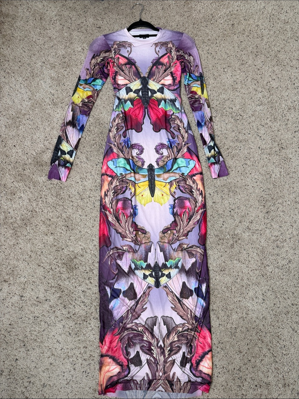 AFRM Purple Multicolor Butterfly-Print Long Sleeve Maxi Dress mesh XS